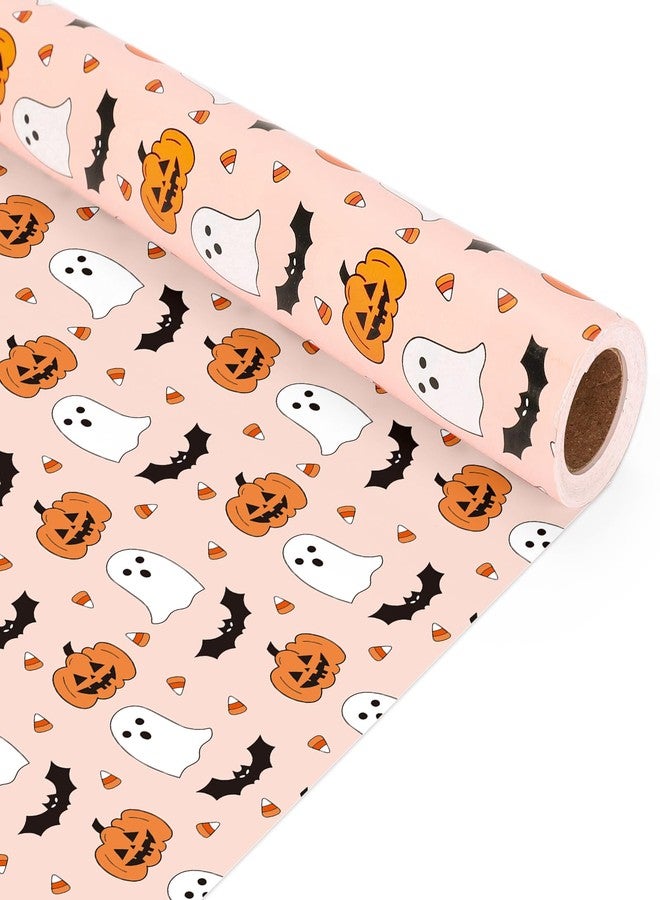 Whaline Halloween Wrapping Paper - Mini Roll - 17 In x 32.8 Ft Cute Pumpkin Ghost Bats Gift Wrap Paper Boho Orange DIY Art Crafts Packing for Halloween Birthday Baby Shower Holiday Party - Image 1